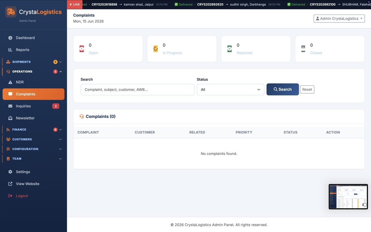 CrystaLogistics admin panel